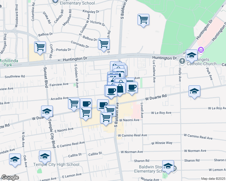 map of restaurants, bars, coffee shops, grocery stores, and more near 719 Arcadia Avenue in Arcadia