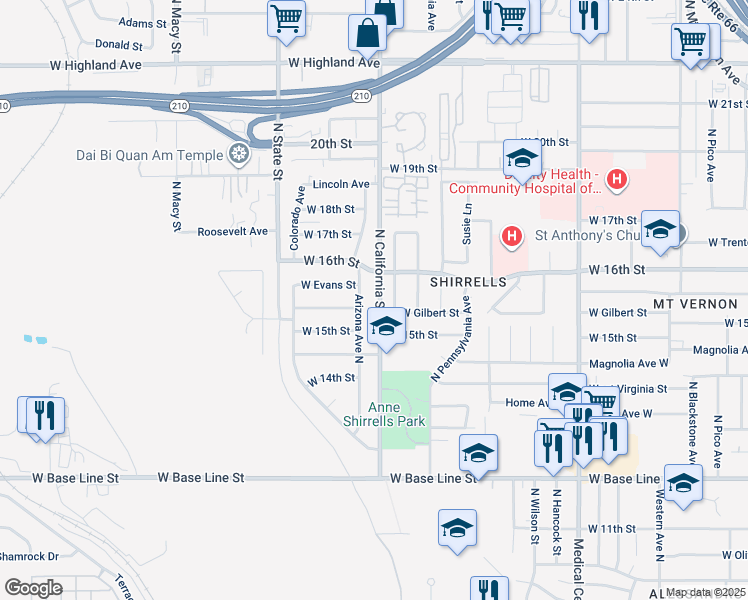map of restaurants, bars, coffee shops, grocery stores, and more near 1548 North California Street in San Bernardino