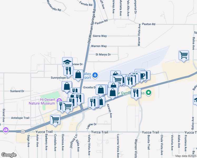 map of restaurants, bars, coffee shops, grocery stores, and more near O Aviation Drive in Yucca Valley