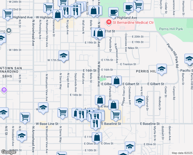 map of restaurants, bars, coffee shops, grocery stores, and more near 1532 North Waterman Avenue in San Bernardino