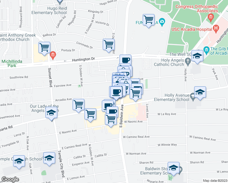 map of restaurants, bars, coffee shops, grocery stores, and more near 735 Arcadia Avenue in Arcadia