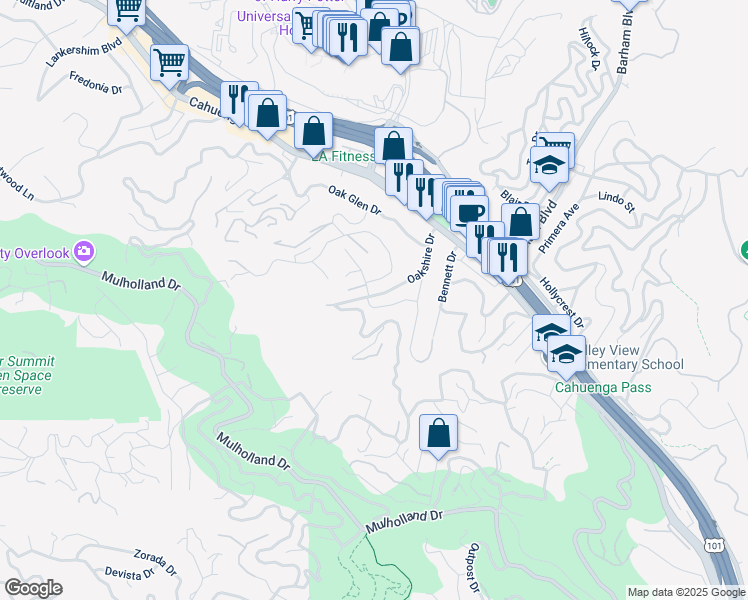 map of restaurants, bars, coffee shops, grocery stores, and more near 3158 Oakshire Drive in Los Angeles