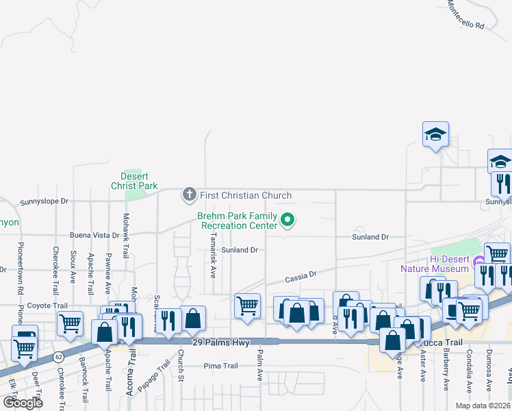 map of restaurants, bars, coffee shops, grocery stores, and more near 6910 Palm Avenue in Yucca Valley