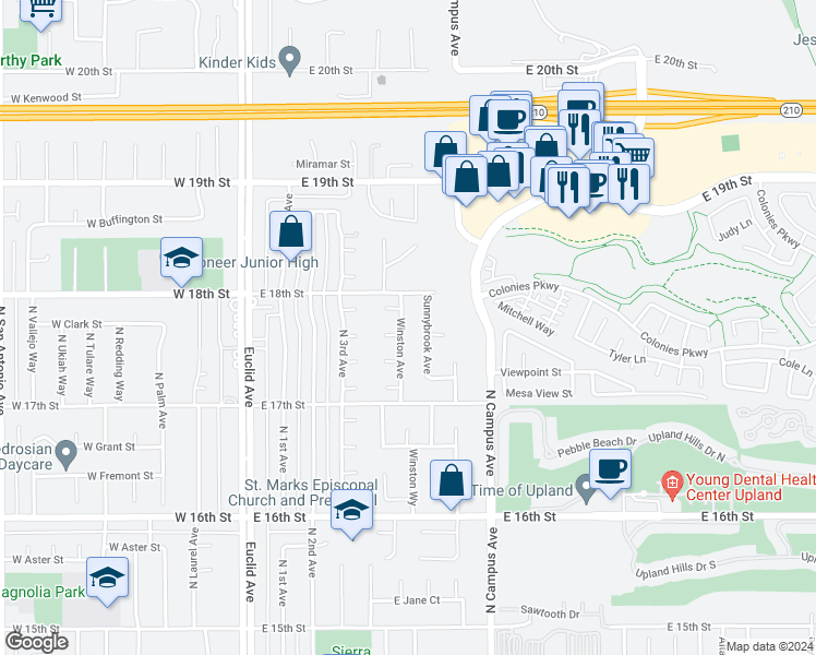 map of restaurants, bars, coffee shops, grocery stores, and more near 1772 Winston Avenue in Upland
