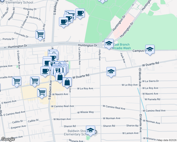 map of restaurants, bars, coffee shops, grocery stores, and more near in Arcadia