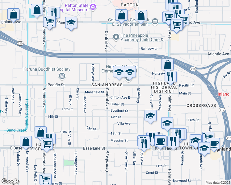 map of restaurants, bars, coffee shops, grocery stores, and more near 1565 Villa Court in Highland