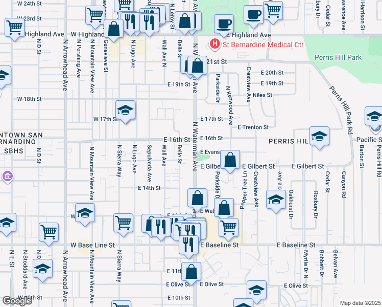 map of restaurants, bars, coffee shops, grocery stores, and more near 1532 North Waterman Avenue in San Bernardino