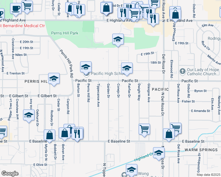 map of restaurants, bars, coffee shops, grocery stores, and more near 6951 Garden Drive in San Bernardino