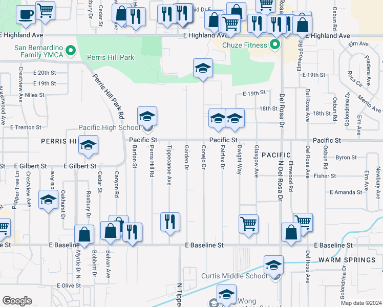 map of restaurants, bars, coffee shops, grocery stores, and more near 6948 Conejo Drive in San Bernardino