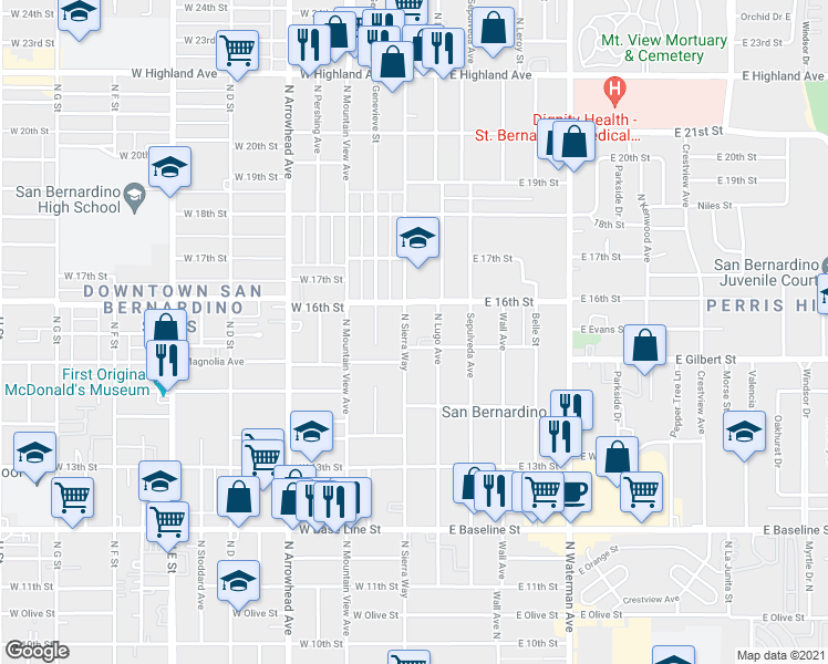 map of restaurants, bars, coffee shops, grocery stores, and more near 1563 North Sierra Way in San Bernardino