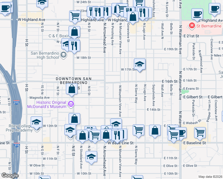 map of restaurants, bars, coffee shops, grocery stores, and more near 1576 North Mountain View Avenue in San Bernardino