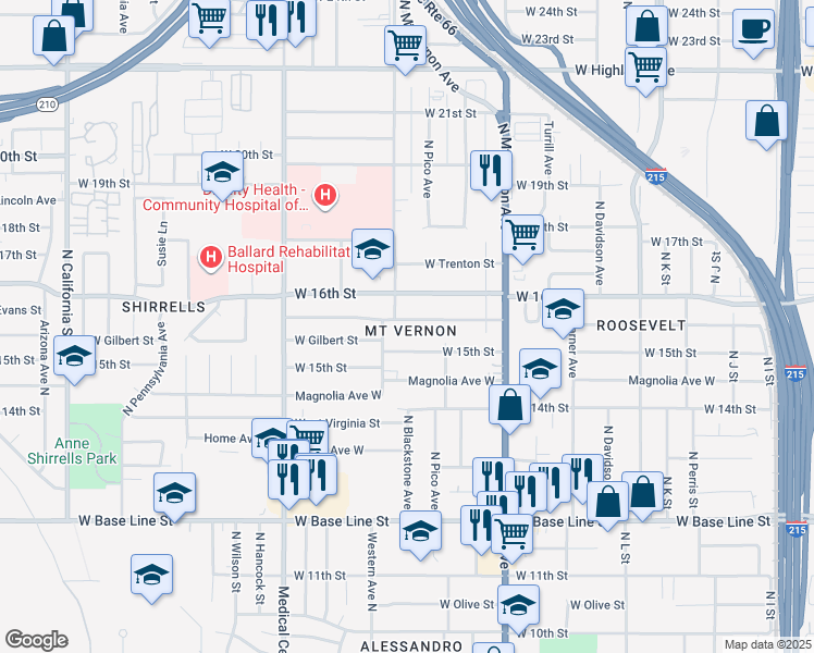 map of restaurants, bars, coffee shops, grocery stores, and more near in San Bernardino