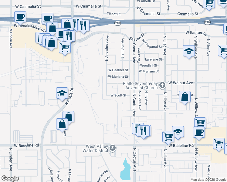 map of restaurants, bars, coffee shops, grocery stores, and more near 849 West Cerritos Street in Rialto