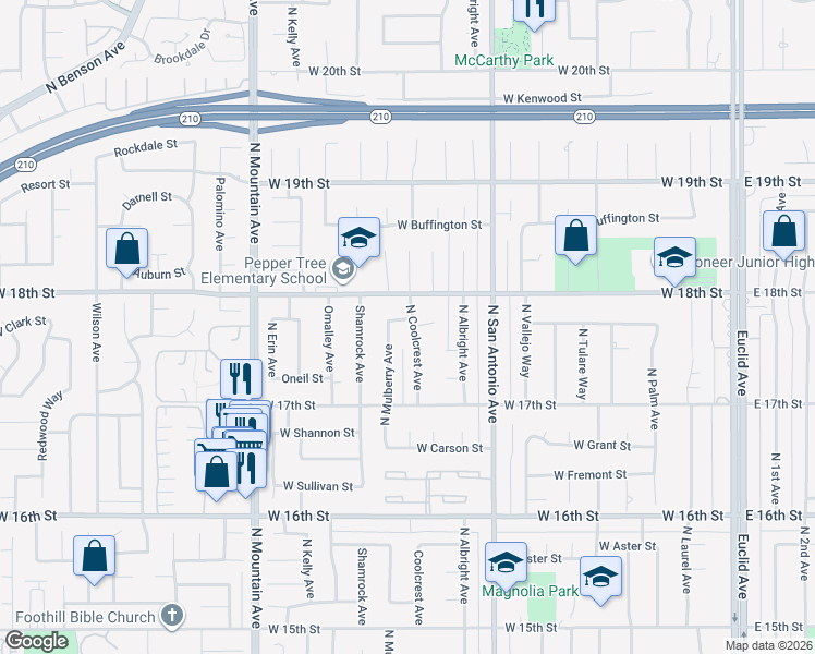 map of restaurants, bars, coffee shops, grocery stores, and more near 947 West Clark Street in Upland
