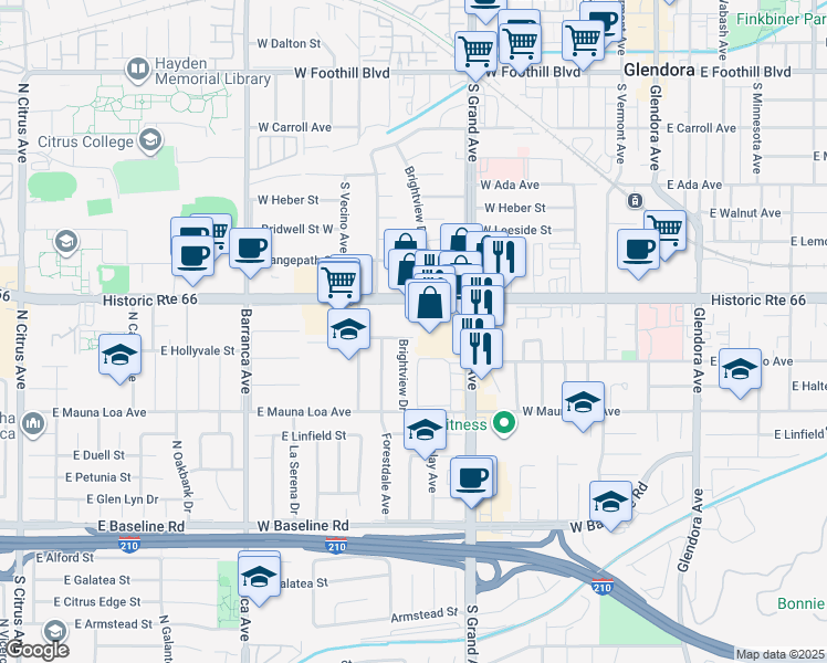 map of restaurants, bars, coffee shops, grocery stores, and more near 606 West Route 66 in Glendora