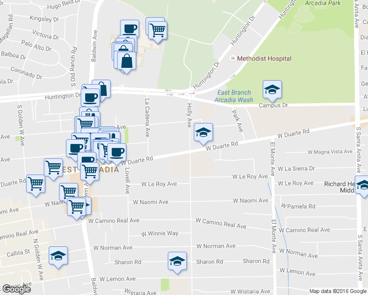 map of restaurants, bars, coffee shops, grocery stores, and more near 427 West Duarte Road in Arcadia