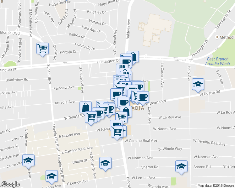 map of restaurants, bars, coffee shops, grocery stores, and more near 719 Arcadia Avenue in Arcadia