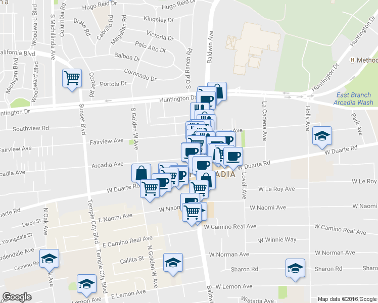 map of restaurants, bars, coffee shops, grocery stores, and more near 719 Arcadia Avenue in Arcadia
