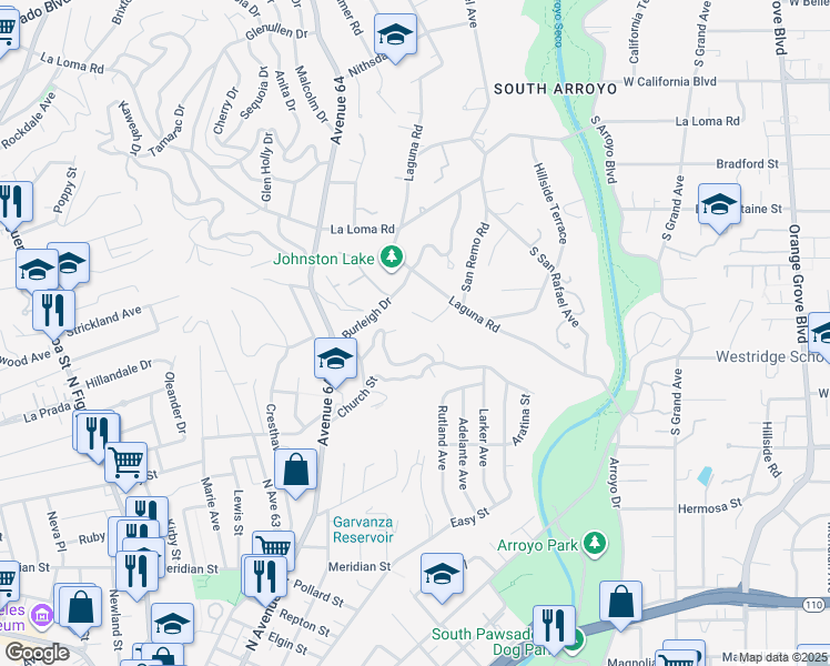 map of restaurants, bars, coffee shops, grocery stores, and more near 970 Ellington Lane in Pasadena