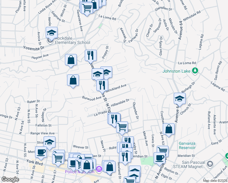 map of restaurants, bars, coffee shops, grocery stores, and more near 6162 Strickland Avenue in Los Angeles