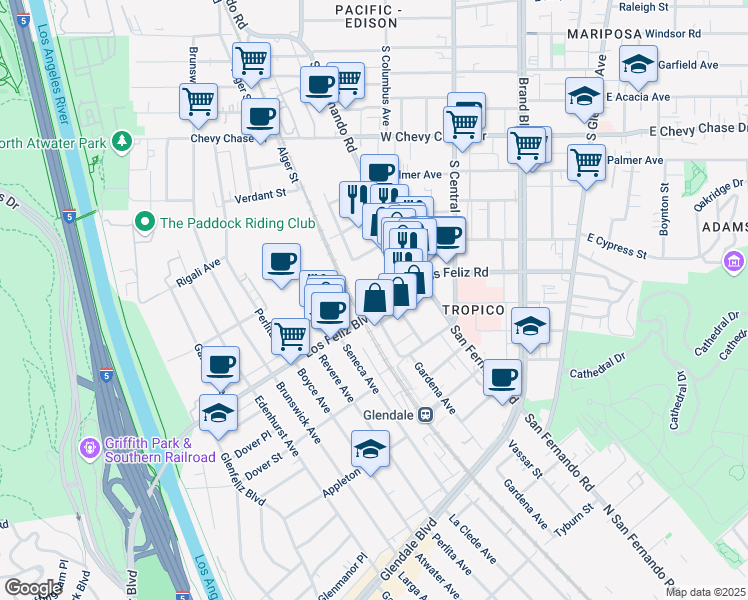 map of restaurants, bars, coffee shops, grocery stores, and more near 450 Fernando Court in Glendale