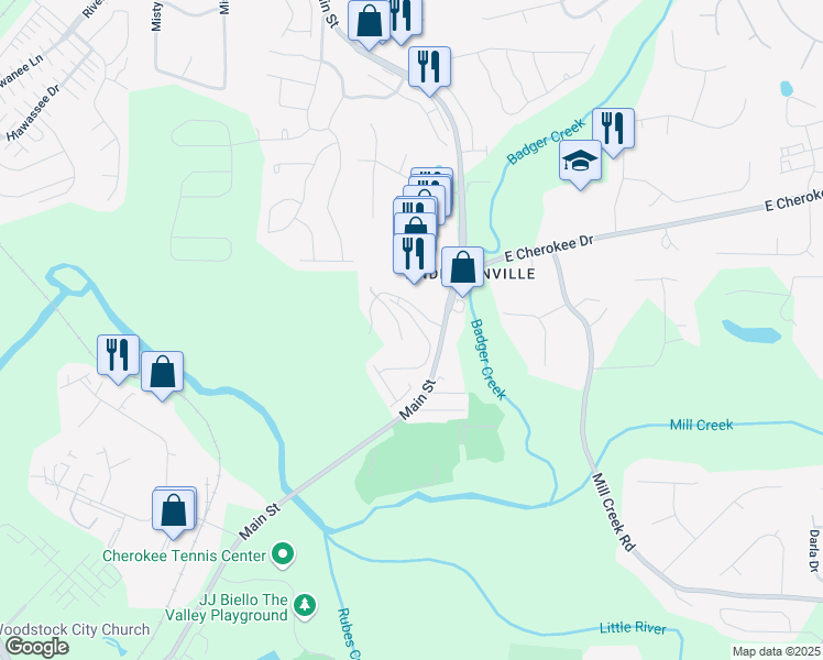 map of restaurants, bars, coffee shops, grocery stores, and more near 128 Madison Bend in Woodstock