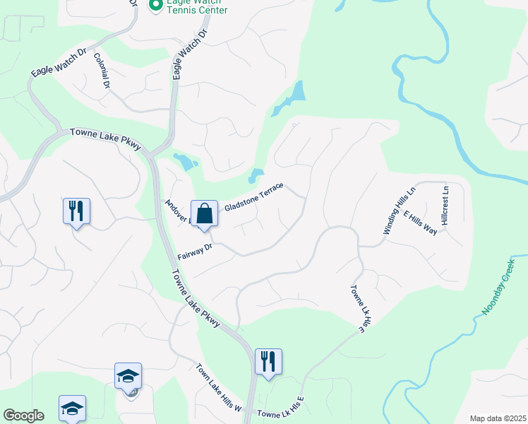 map of restaurants, bars, coffee shops, grocery stores, and more near 3105 Royal Troon in Woodstock