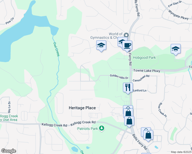 map of restaurants, bars, coffee shops, grocery stores, and more near 128 Golden Hills Drive in Woodstock
