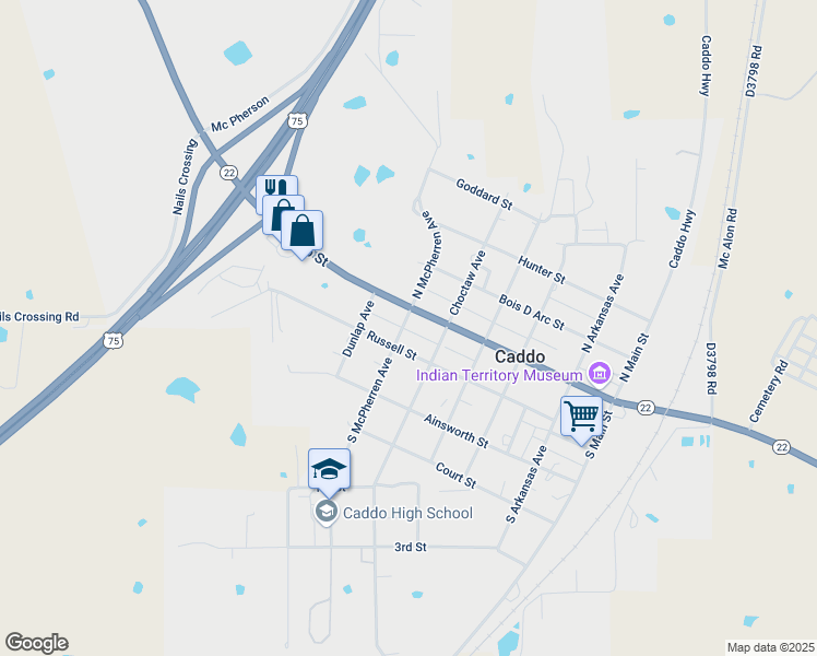 map of restaurants, bars, coffee shops, grocery stores, and more near 505 Buffalo Street in Caddo