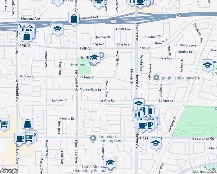 map of restaurants, bars, coffee shops, grocery stores, and more near 6959 Center Avenue in Rancho Cucamonga