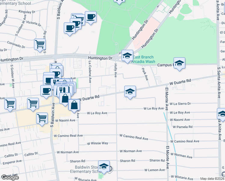 map of restaurants, bars, coffee shops, grocery stores, and more near 427 West Duarte Road in Arcadia