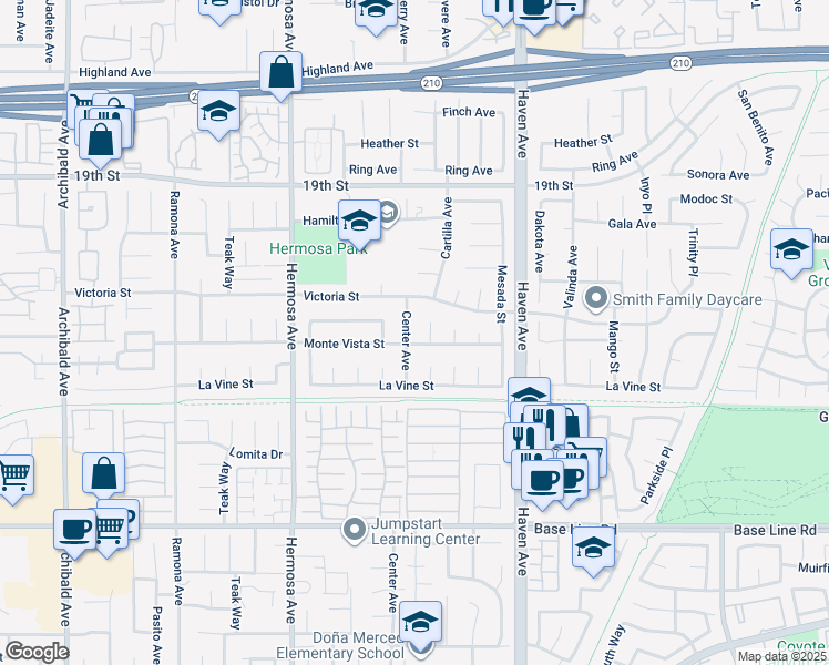 map of restaurants, bars, coffee shops, grocery stores, and more near 6959 Center Avenue in Rancho Cucamonga