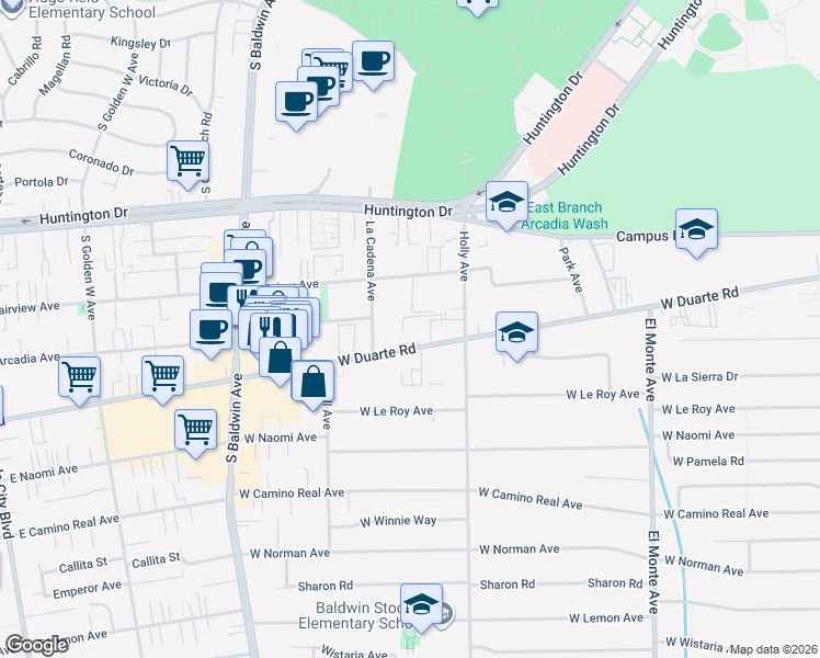 map of restaurants, bars, coffee shops, grocery stores, and more near 449 West Duarte Road in Arcadia