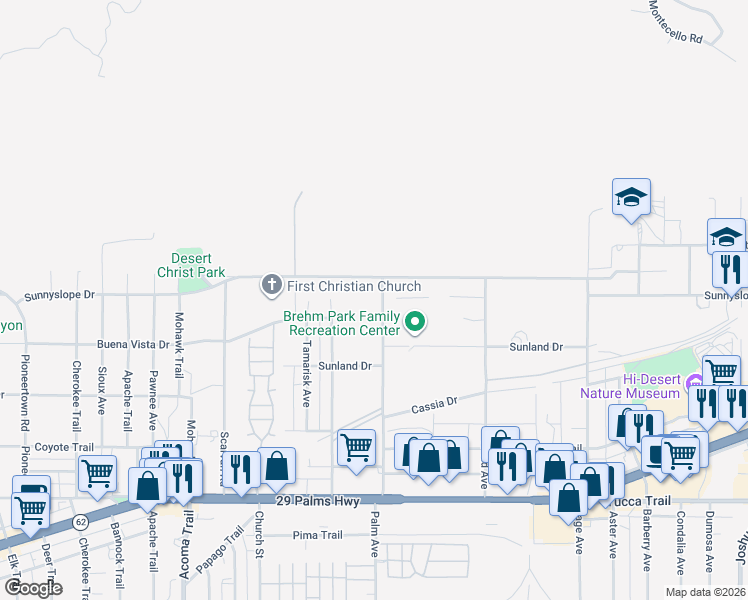 map of restaurants, bars, coffee shops, grocery stores, and more near 6910 Palm Avenue in Yucca Valley