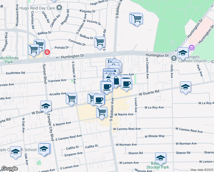 map of restaurants, bars, coffee shops, grocery stores, and more near 719 Arcadia Avenue in Arcadia