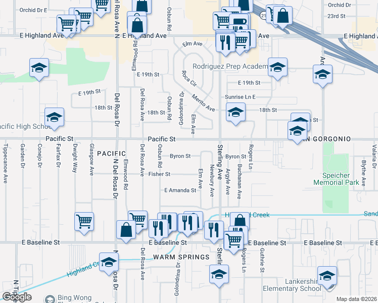 map of restaurants, bars, coffee shops, grocery stores, and more near 25580 Byron Street in San Bernardino
