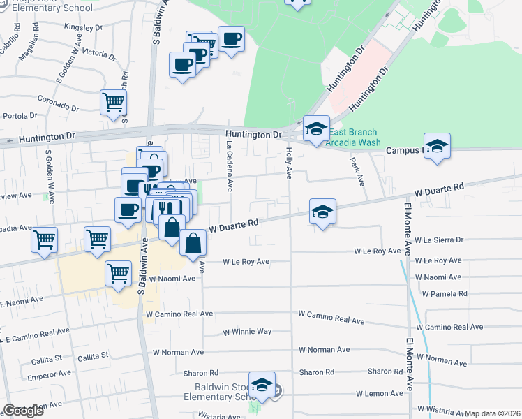 map of restaurants, bars, coffee shops, grocery stores, and more near 449 West Duarte Road in Arcadia