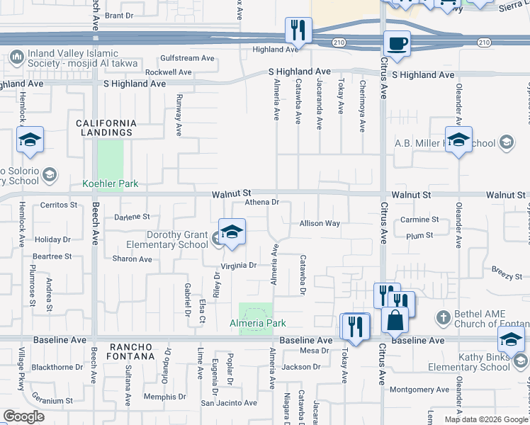 map of restaurants, bars, coffee shops, grocery stores, and more near 6909 Almeria Avenue in Fontana