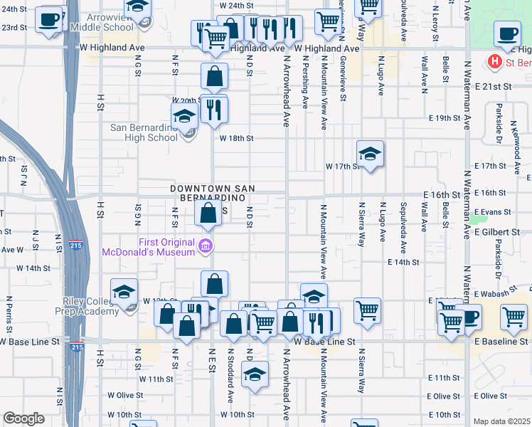map of restaurants, bars, coffee shops, grocery stores, and more near 1535 North D Street in San Bernardino