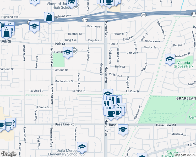 map of restaurants, bars, coffee shops, grocery stores, and more near 6963 Shamrock Lane in Rancho Cucamonga