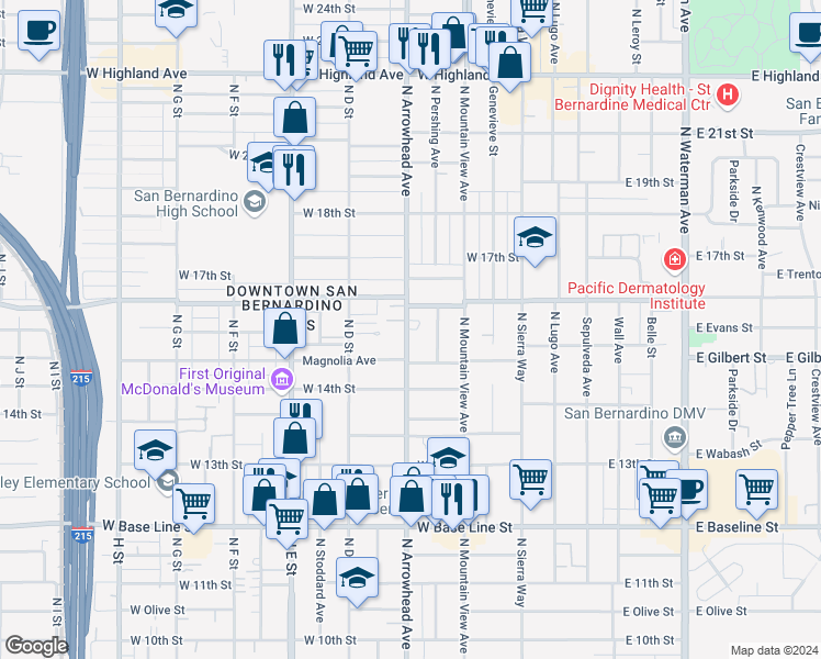 map of restaurants, bars, coffee shops, grocery stores, and more near 1551 North Arrowhead Avenue in San Bernardino