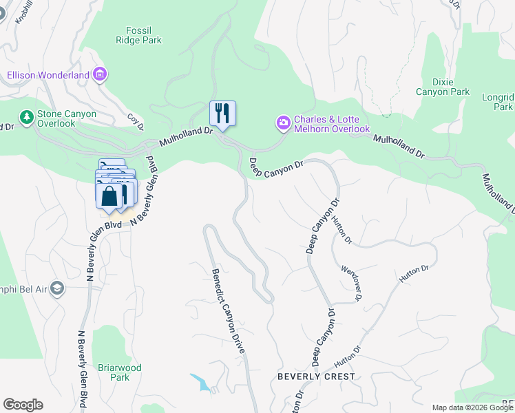 map of restaurants, bars, coffee shops, grocery stores, and more near 3110 Benedict Canyon Drive in Beverly Hills