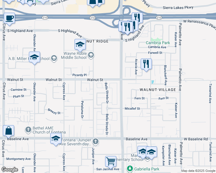map of restaurants, bars, coffee shops, grocery stores, and more near 6934 Sunbeam Way in Fontana