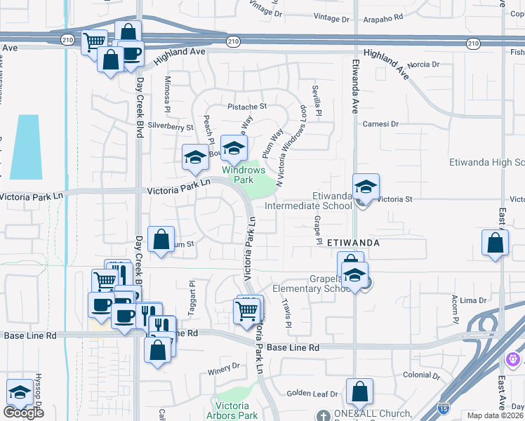 map of restaurants, bars, coffee shops, grocery stores, and more near 12587 Aster Court in Rancho Cucamonga