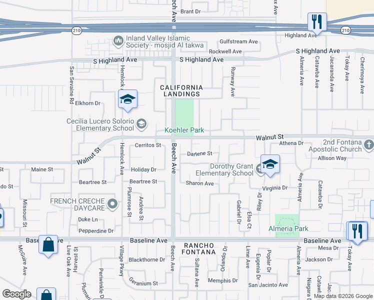 map of restaurants, bars, coffee shops, grocery stores, and more near 15354 Darlene Street in Fontana