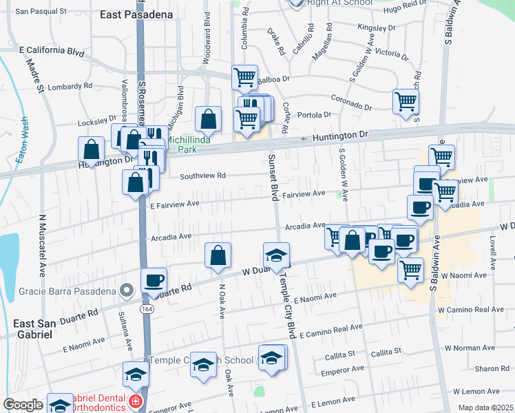 map of restaurants, bars, coffee shops, grocery stores, and more near 1134 Fairview Avenue in Arcadia