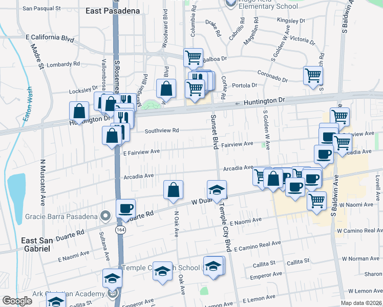 map of restaurants, bars, coffee shops, grocery stores, and more near 1134 Fairview Avenue in Arcadia