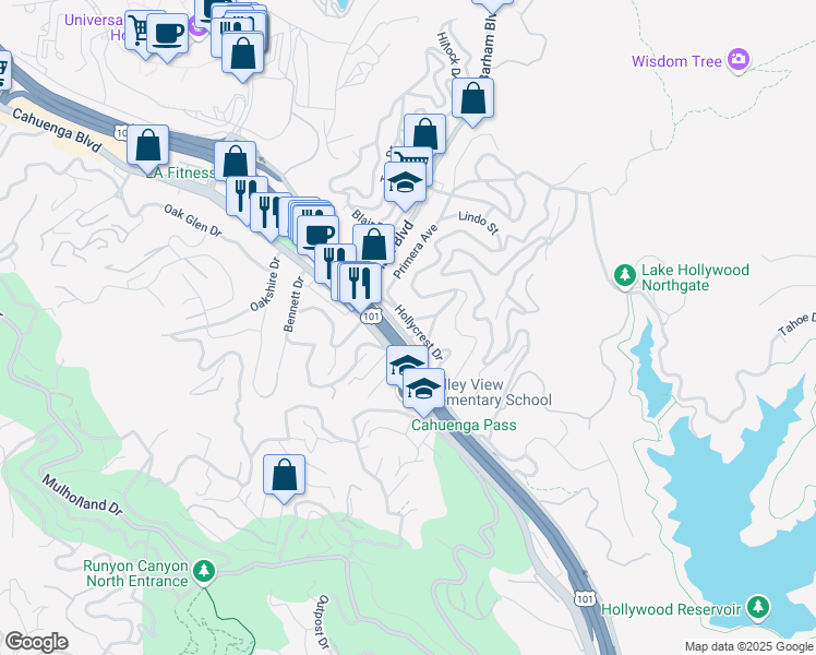 map of restaurants, bars, coffee shops, grocery stores, and more near 3107 Hollycrest Drive in Los Angeles