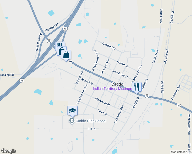 map of restaurants, bars, coffee shops, grocery stores, and more near 505 Buffalo Street in Caddo