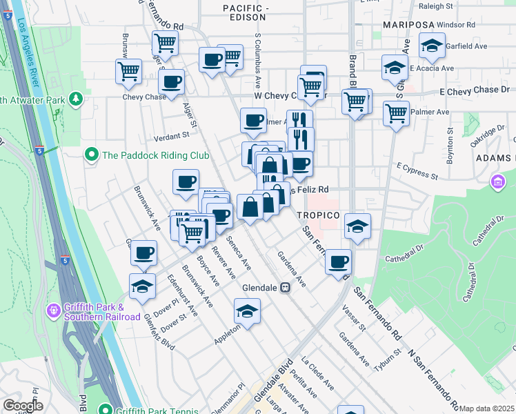map of restaurants, bars, coffee shops, grocery stores, and more near 435 West Los Feliz Road in Glendale